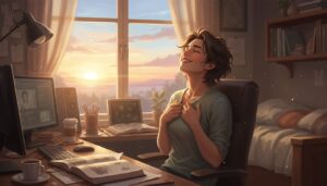 석양빛이 비치는 창가에서 의자에 앉아 눈을 감고 편안하게 미소 짓는 여성. 책상에는 컴퓨터와 책들이 놓여 있다.