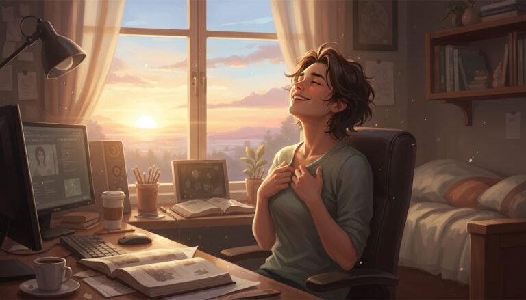 석양빛이 비치는 창가에서 의자에 앉아 눈을 감고 편안하게 미소 짓는 여성. 책상에는 컴퓨터와 책들이 놓여 있다.