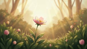 햇살이 비추는 숲속에서 피어난 분홍색 꽃과 이슬 맺힌 풀잎들의 평화로운 풍경