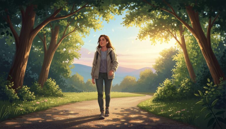 햇살이 비치는 숲속 산책로를 걸으며 이어폰으로 음악을 듣는 여성