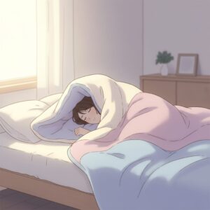 햇살이 비치는 침대에서 이불을 덮고 편안하게 잠들어 있는 사람의 애니메이션 일러스트