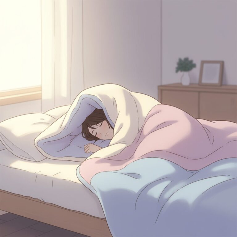 햇살이 비치는 침대에서 이불을 덮고 편안하게 잠들어 있는 사람의 애니메이션 일러스트