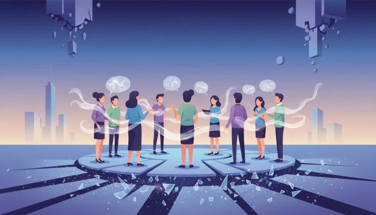 원형의 갈라진 단상 위에 모여 토론하는 사람들이 있고, 머리 위에는 말풍선이 떠 있는 모습