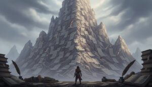 압도적인 양의 종이와 두루마리로 뒤덮인 거대한 산 앞에 홀로 선 사람의 뒷모습. 주변에는 잉크병과 깃털 펜, 오래된 책들이 놓여 있다.