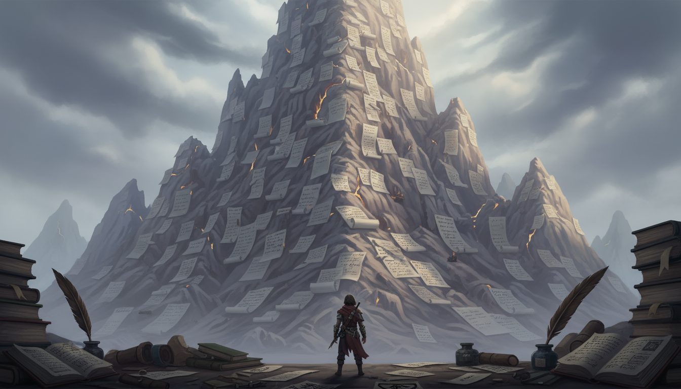 엉킨 생각의 실타래를 푸는 첫 번째 단계 1 압도적인 양의 종이와 두루마리로 뒤덮인 거대한 산 앞에 홀로 선 사람의 뒷모습. 주변에는 잉크병과 깃털 펜, 오래된 책들이 놓여 있다.