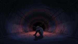 어둡고 긴 터널 안에서 웅크리고 앉아 절망에 빠진 듯한 한 사람의 모습