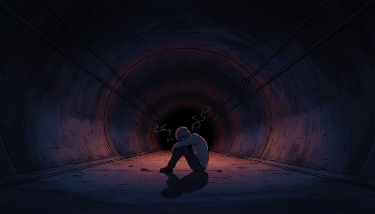 어둡고 긴 터널 안에서 웅크리고 앉아 절망에 빠진 듯한 한 사람의 모습