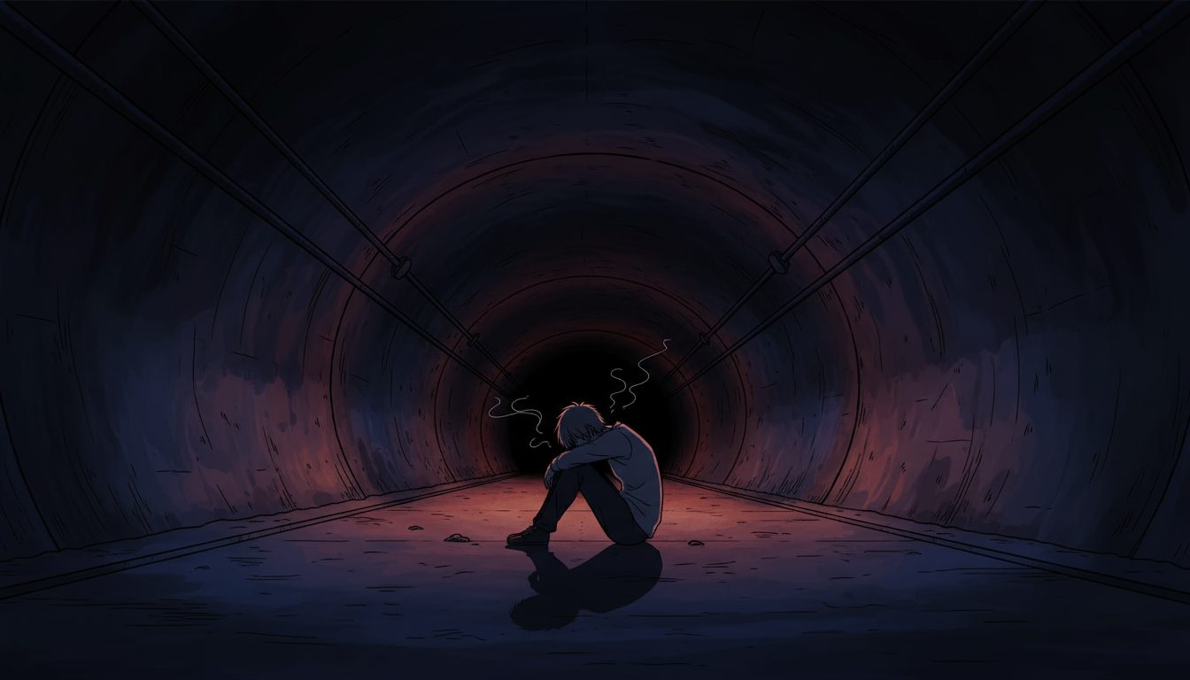 번아웃 증상인가? 마음의 배터리가 완전히 방전됐을 때 1 어둡고 긴 터널 안에서 웅크리고 앉아 절망에 빠진 듯한 한 사람의 모습