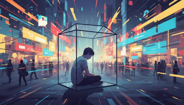 혼잡한 미래 도시 속 투명한 상자 안에 앉아 고립된 느낌을 받는 사람