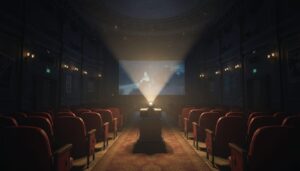 텅 빈 고전적인 극장 내부에서 빔 프로젝터가 스크린에 영화를 투사하는 장면