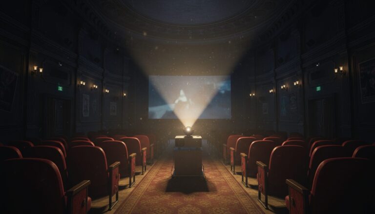 텅 빈 고전적인 극장 내부에서 빔 프로젝터가 스크린에 영화를 투사하는 장면