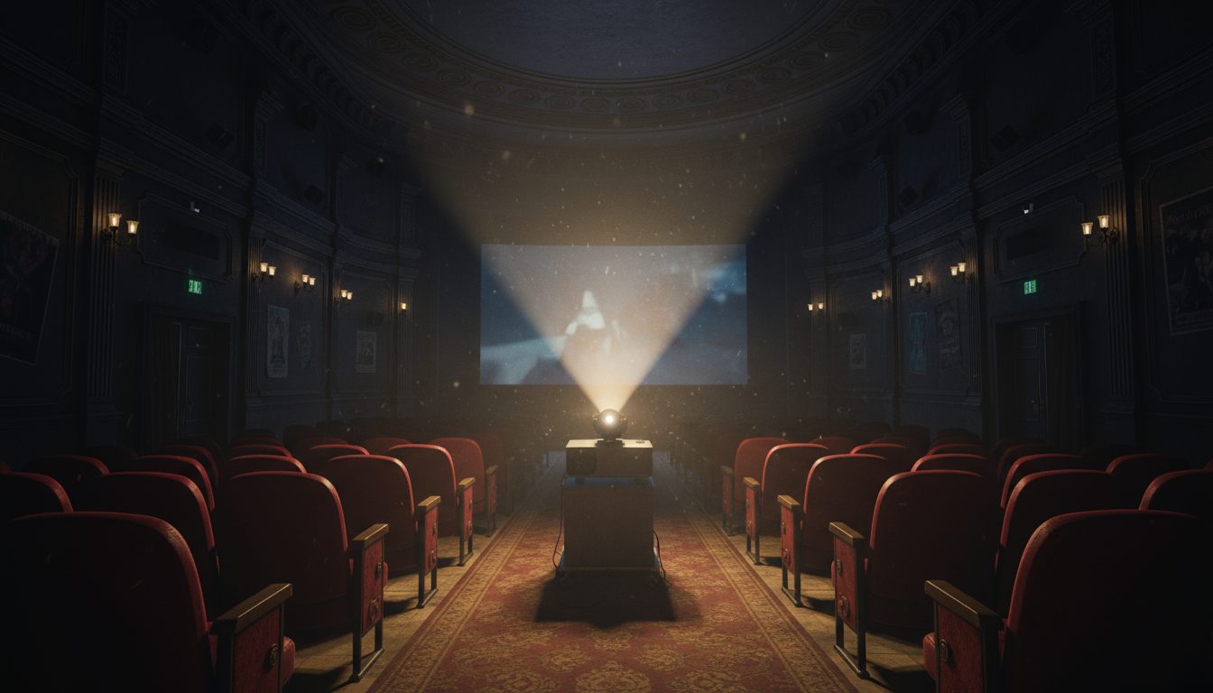 오늘의 걱정은 오늘까지만 하는 하루 마감 리추얼 1 텅 빈 고전적인 극장 내부에서 빔 프로젝터가 스크린에 영화를 투사하는 장면