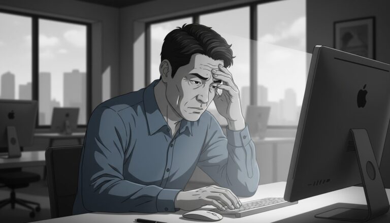 컴퓨터 앞에서 손으로 이마를 짚고 깊은 고민에 잠겨 있는 중년 남성 직장인