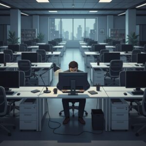 텅 빈 사무실에서 홀로 앉아 컴퓨터 모니터를 응시하며 야근하는 직장인의 뒷모습