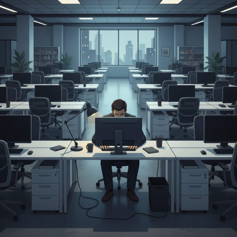 텅 빈 사무실에서 홀로 앉아 컴퓨터 모니터를 응시하며 야근하는 직장인의 뒷모습