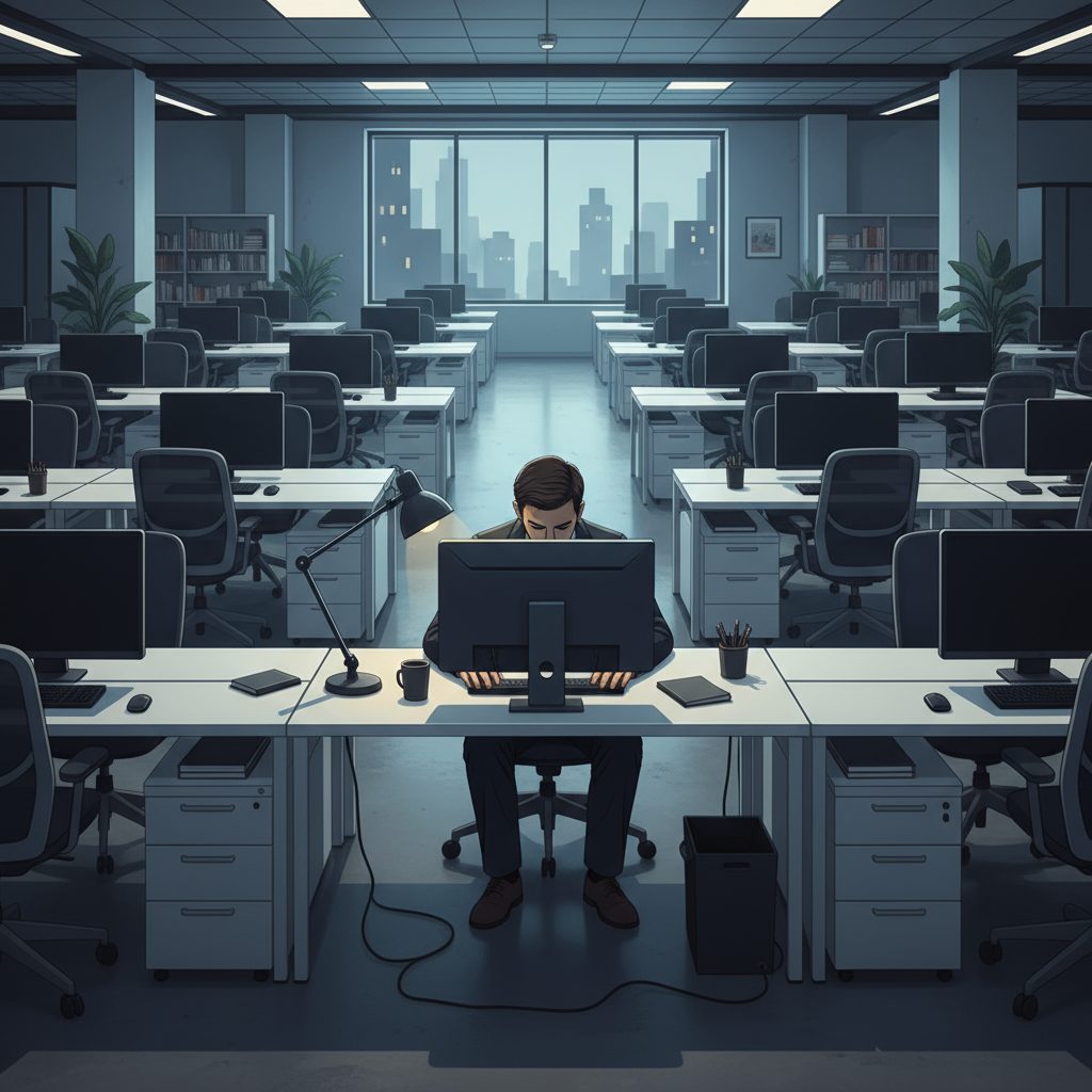 텅 빈 사무실에서 홀로 앉아 컴퓨터 모니터를 응시하며 야근하는 직장인의 뒷모습