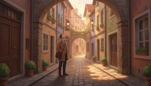 유럽의 고풍스러운 골목길 아치 아래에서 위를 올려다보며 서 있는 여행객.