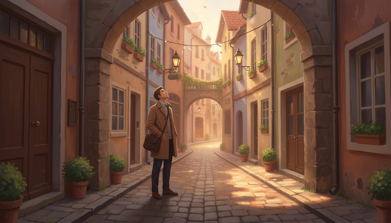 시끌벅적한 하루 끝에 찾아오는 깊은 고요와 외로움 1 유럽의 고풍스러운 골목길 아치 아래에서 위를 올려다보며 서 있는 여행객.